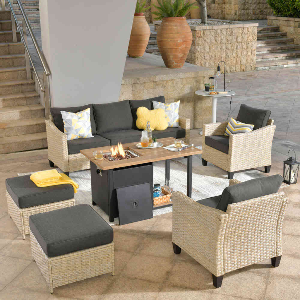 Ovios Athena Series Outdoor Patio Furniture Set 6-Piece with 46 Double Layer Rectangle Fire Pit Table