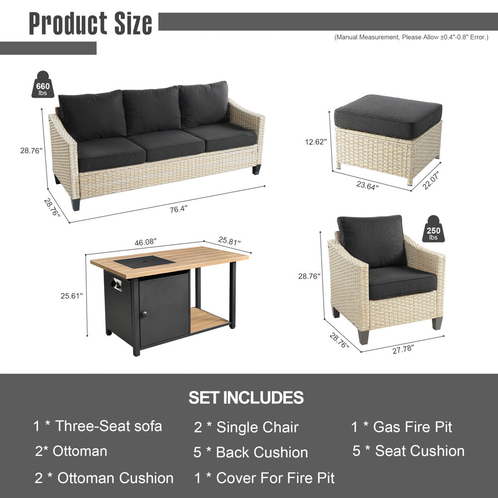 Ovios Athena Series Outdoor Patio Furniture Set 6-Piece with 46 Double Layer Rectangle Fire Pit Table