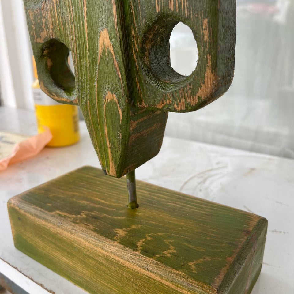 Abstract Vertical Wood Table Figurine - Original Green Rectangular Desktop Art for Home Decor