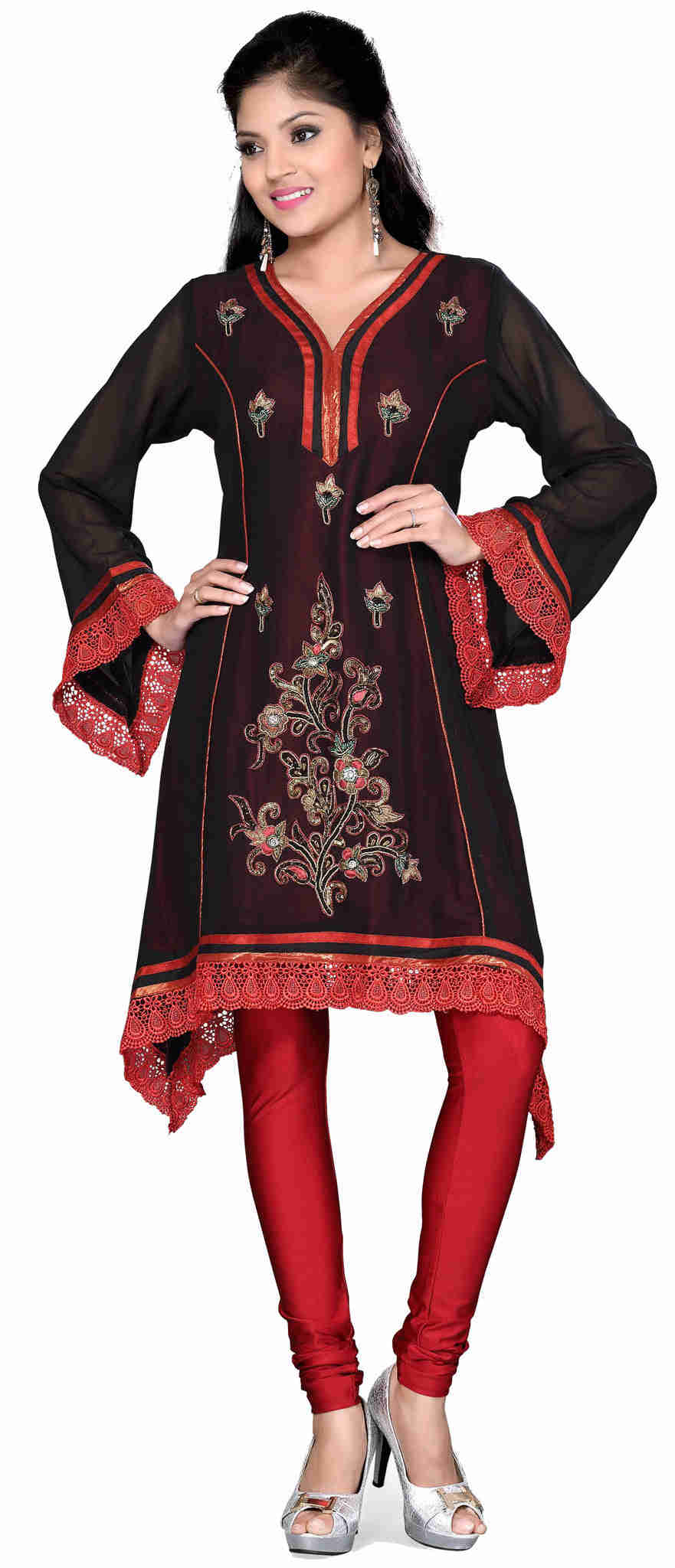 Long India Women's Kurti Hand Sewn Beaded Blouse - Black-Brown