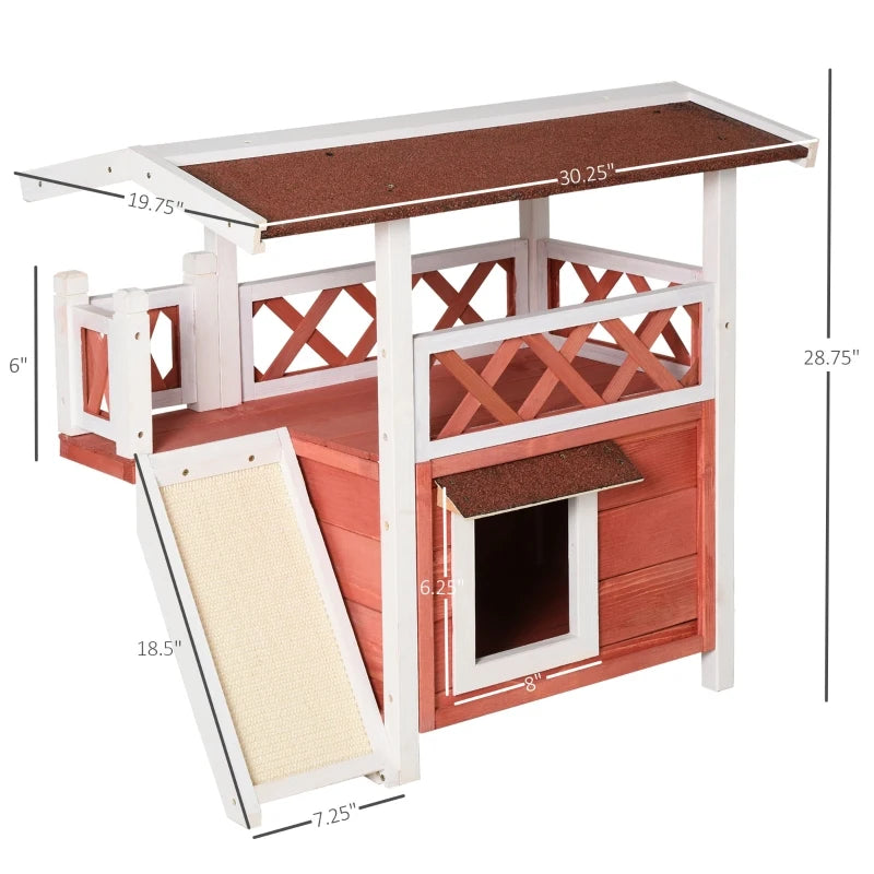PawHut 2-Story Solid Wood Cat House Condo Shelter with Sisal Ramp, Weatherproof for Indoor/Outdoor Use - Red and White