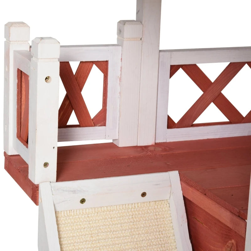 PawHut 2-Story Solid Wood Cat House Condo Shelter with Sisal Ramp, Weatherproof for Indoor/Outdoor Use - Red and White