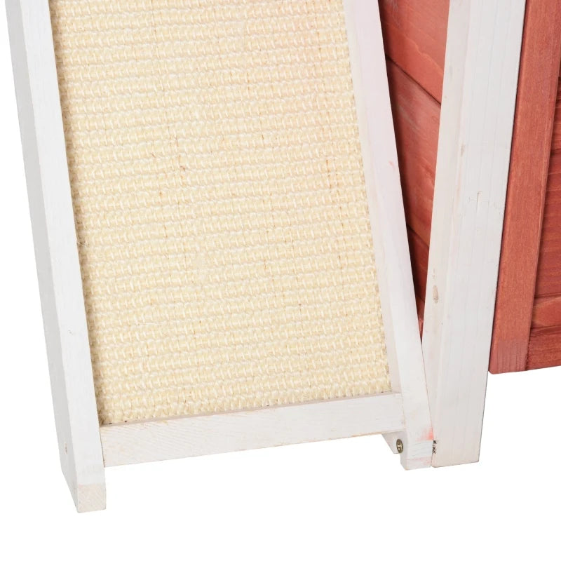 PawHut 2-Story Solid Wood Cat House Condo Shelter with Sisal Ramp, Weatherproof for Indoor/Outdoor Use - Red and White