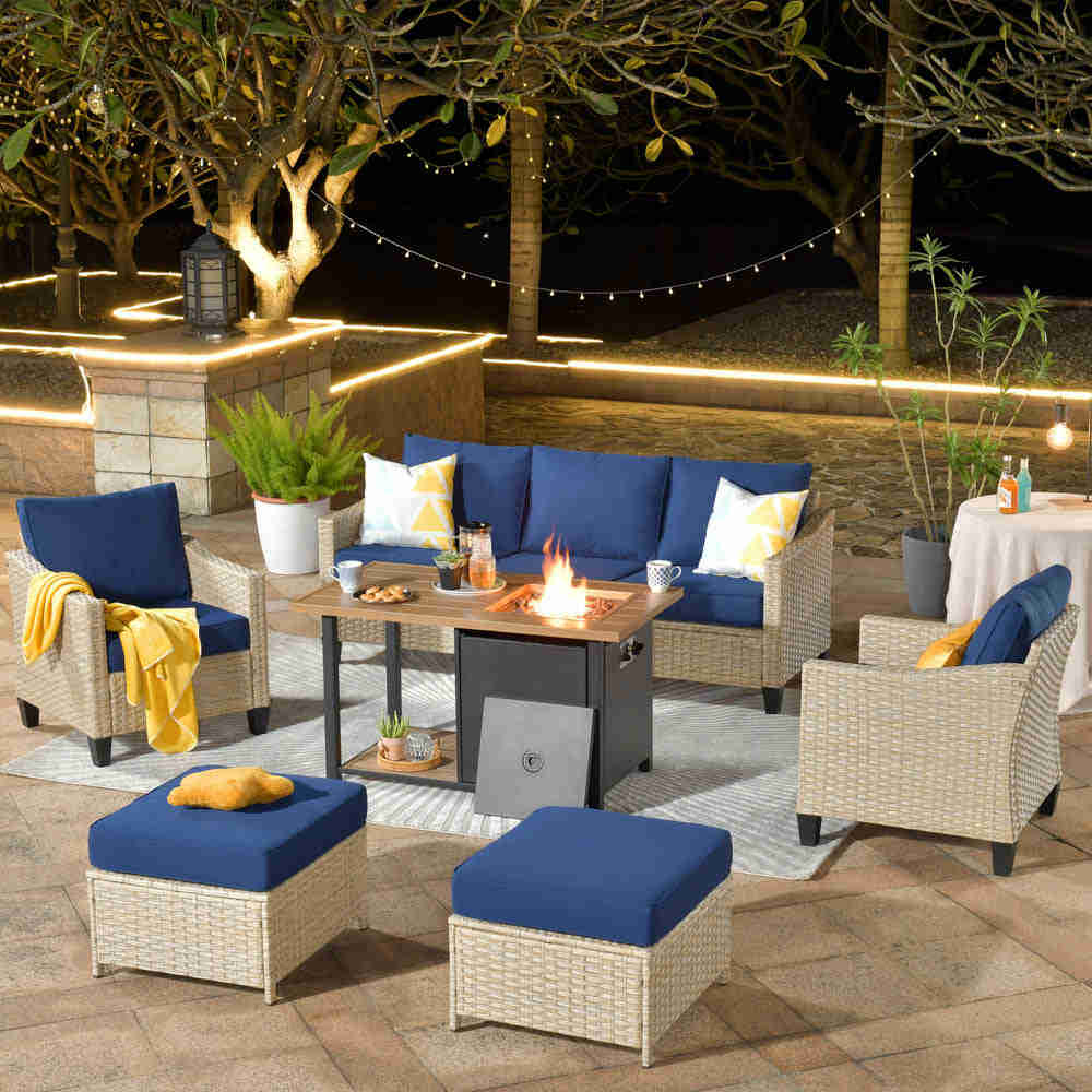 Ovios Athena Series Outdoor Patio Furniture Set 6-Piece with 46 Double Layer Rectangle Fire Pit Table