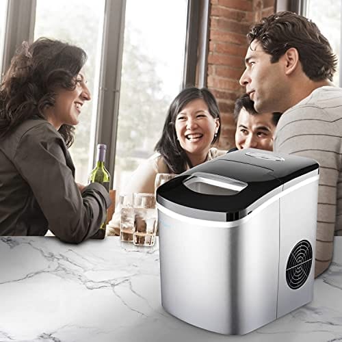 LITBOOS Countertop Ice Makers, 26Lbs/24H Stainless Steel Ice Machine, Portable with Ice Scoop & Basket, 9 Cubes in 7 Mins, 2 Ice Sizes for Home/Kitchen/Office/Bar