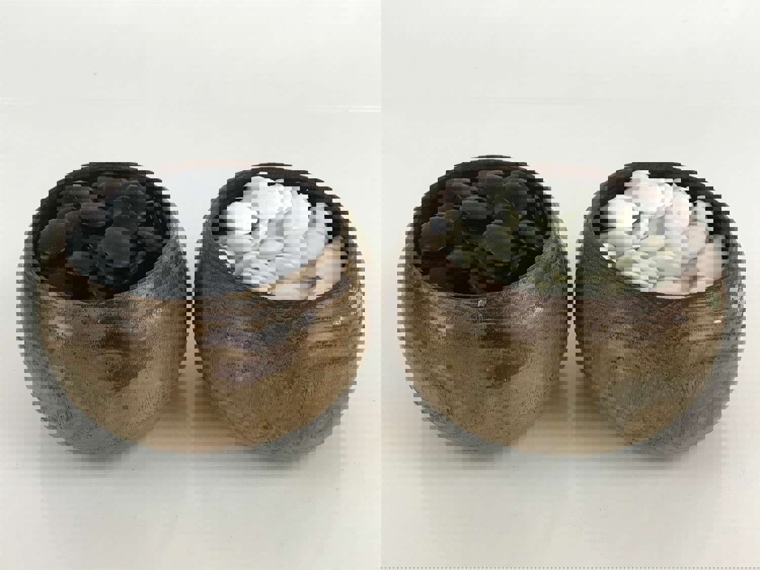 Vintage Japanese Go Stone Goishi Game Piece Set with Wooden Bowls