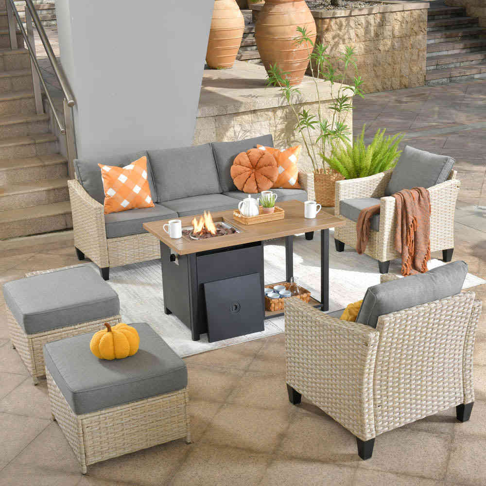 Ovios Athena Series Outdoor Patio Furniture Set 6-Piece with 46 Double Layer Rectangle Fire Pit Table