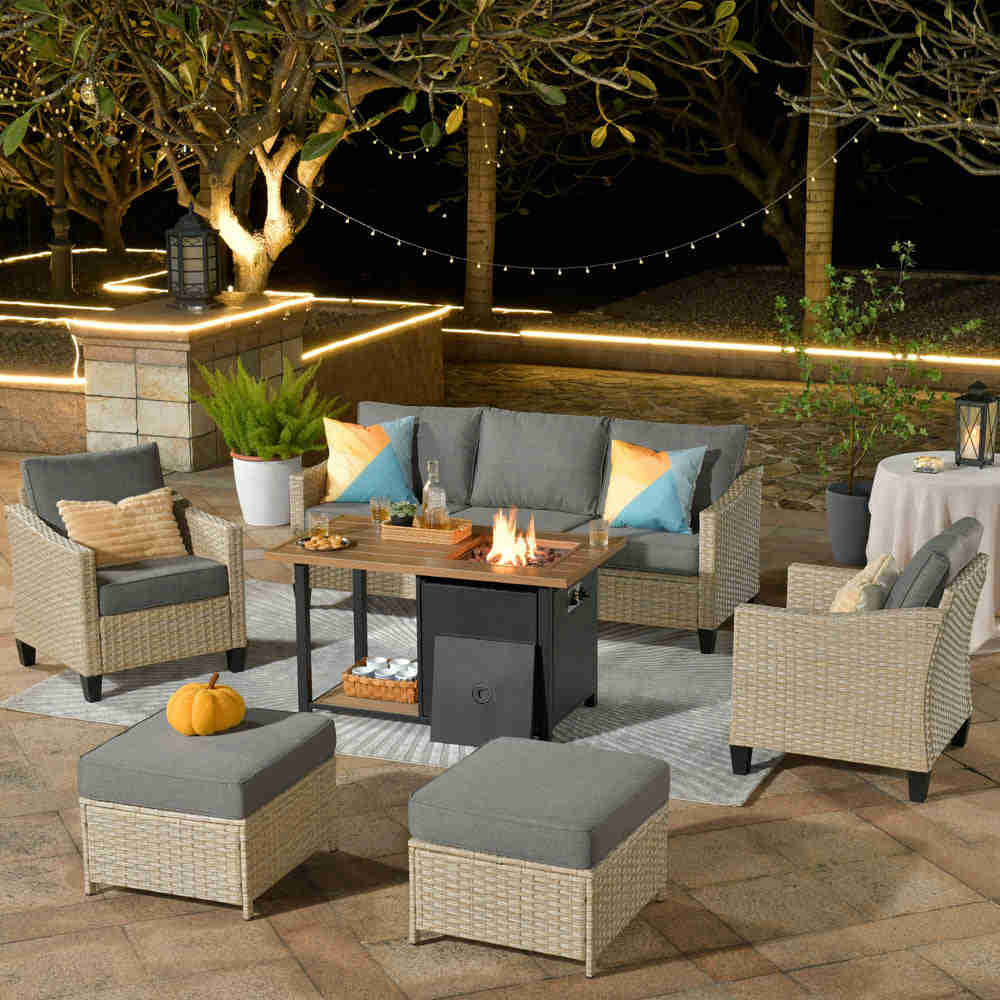 Ovios Athena Series Outdoor Patio Furniture Set 6-Piece with 46 Double Layer Rectangle Fire Pit Table