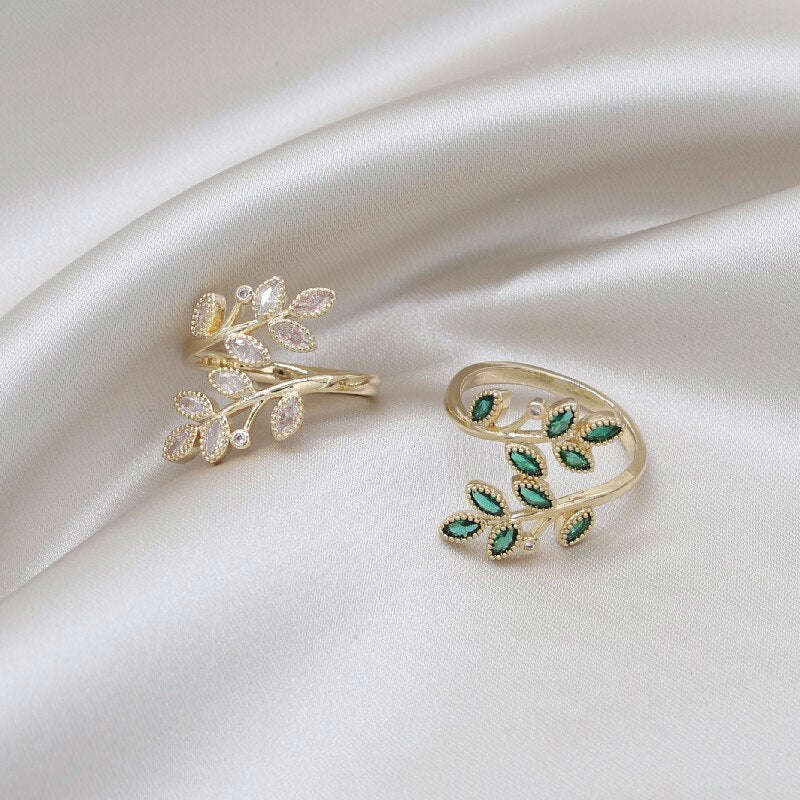 Elegant Women's Green Crystal Leaf Open Ring - Korea Design Jewelry