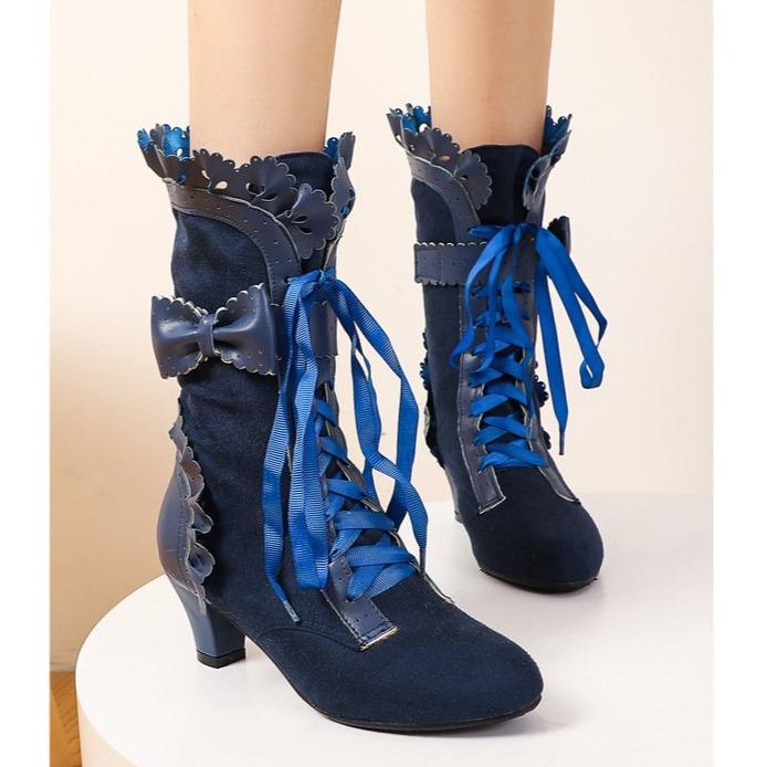 Women's Cute Bowknot Hollow Flower Lace-Up Chunky Heel Mid Calf Boots