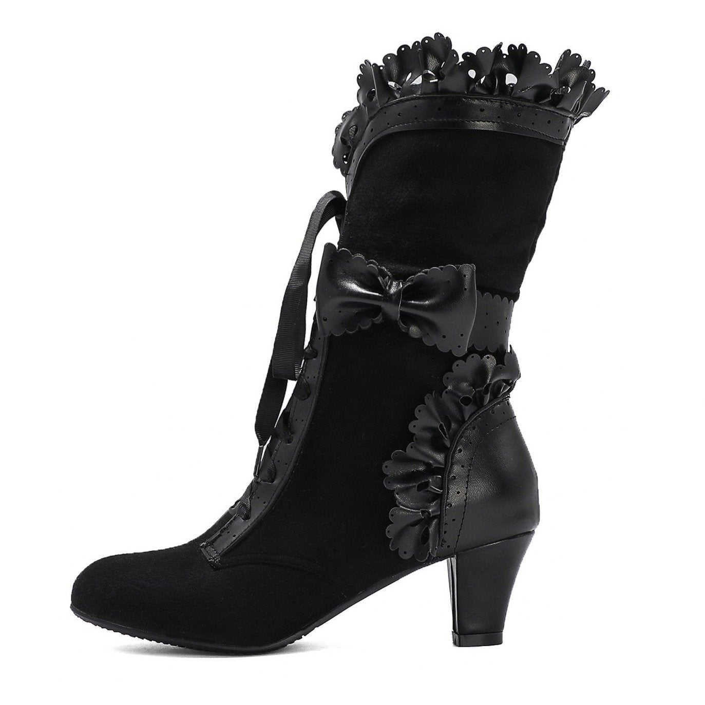 Women's Cute Bowknot Hollow Flower Lace-Up Chunky Heel Mid Calf Boots