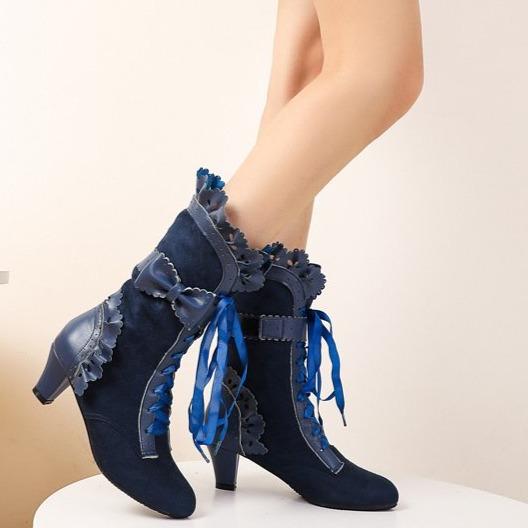 Women's Cute Bowknot Hollow Flower Lace-Up Chunky Heel Mid Calf Boots