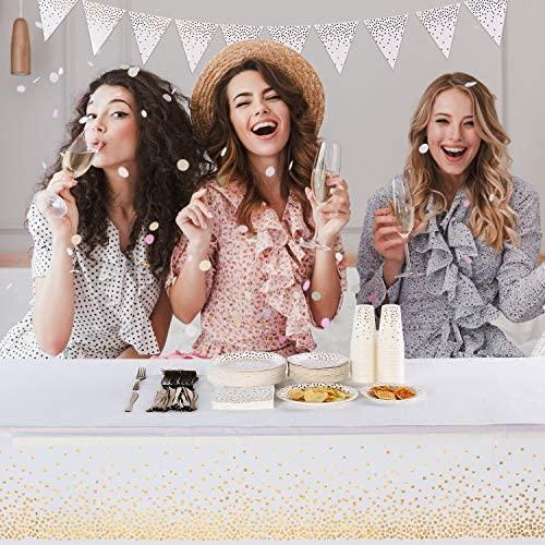 Duocute White Disposable Party Tablecloth with Gold Stamping Dots, 54 x 108 Inches, Pack of 4