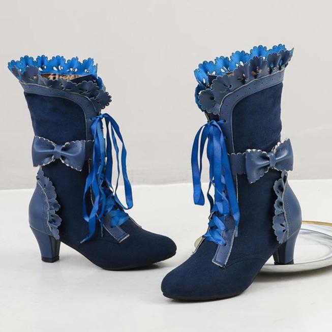 Women's Cute Bowknot Hollow Flower Lace-Up Chunky Heel Mid Calf Boots