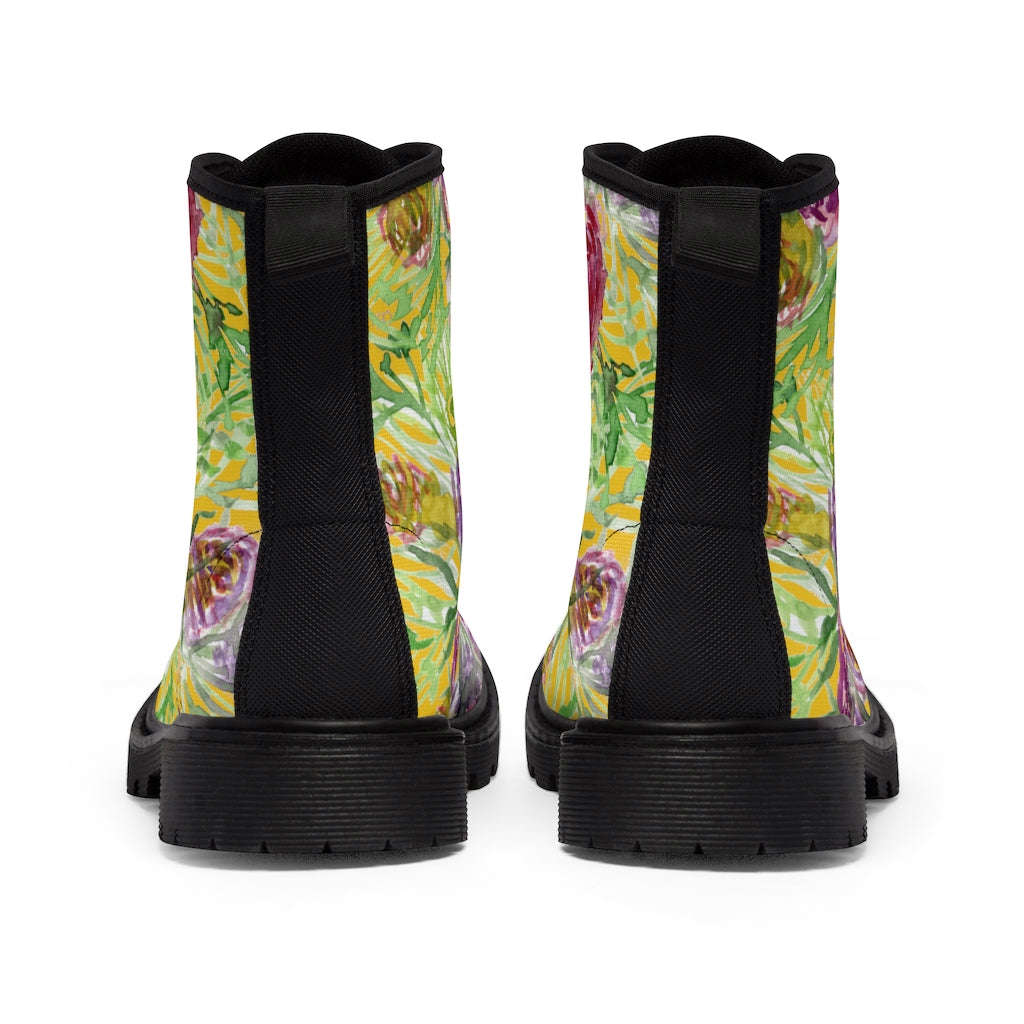 Yellow Rose Floral Women's Boots - Pink Purple Rose Flower Printed Combat Boots