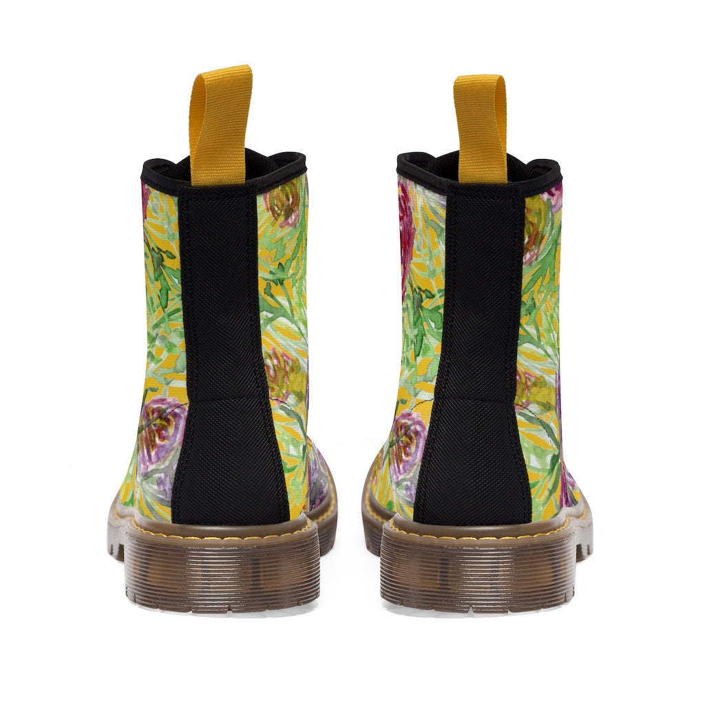 Yellow Rose Floral Women's Boots - Pink Purple Rose Flower Printed Combat Boots
