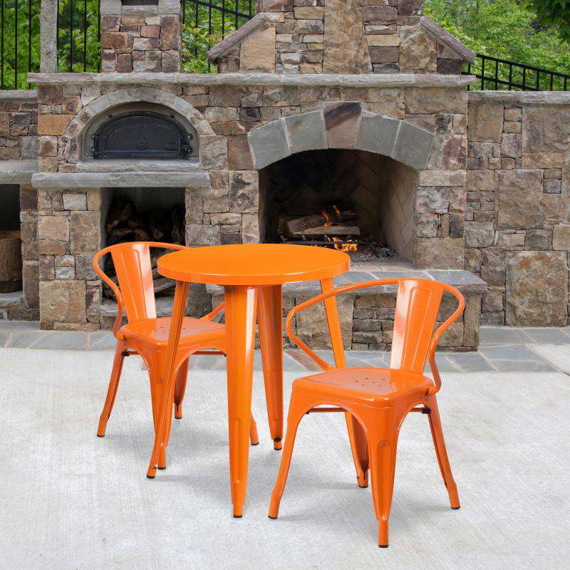 Flash Furniture Napoleon Commercial Grade 24 Round Orange Metal Indoor-Outdoor Table Set with 2 Arm Chairs