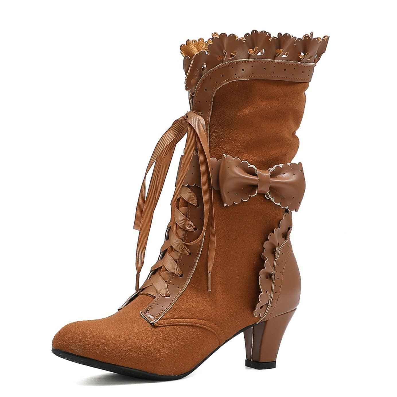 Women's Cute Bowknot Hollow Flower Lace-Up Chunky Heel Mid Calf Boots