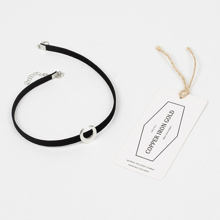 DoreenBeads Trendy Choker Necklace For Men - Gold Half Moon Pendant Black Rope Necklace