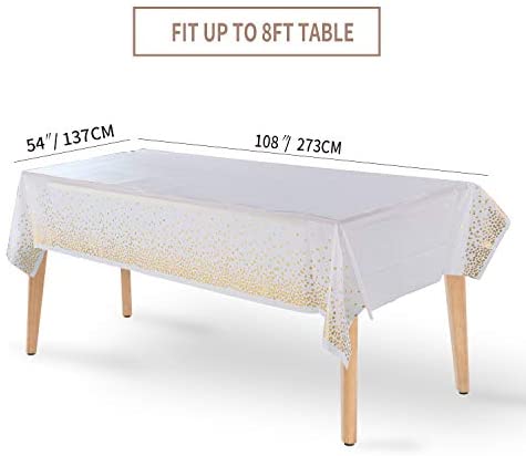 Duocute White Disposable Party Tablecloth with Gold Stamping Dots, 54 x 108 Inches, Pack of 4