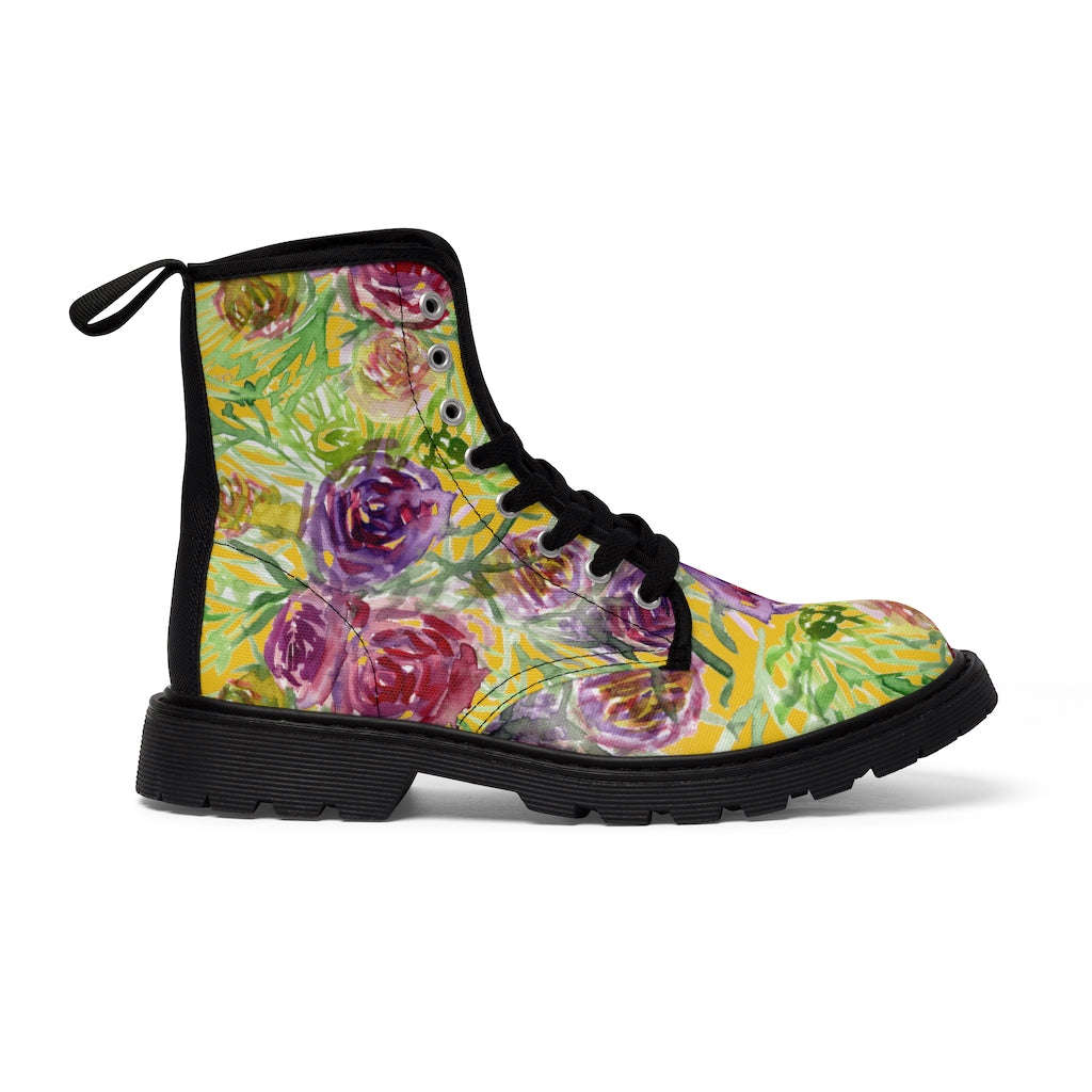 Yellow Rose Floral Women's Boots - Pink Purple Rose Flower Printed Combat Boots