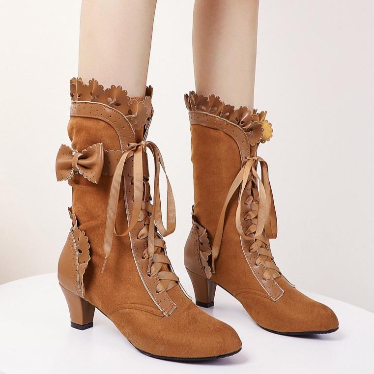 Women's Cute Bowknot Hollow Flower Lace-Up Chunky Heel Mid Calf Boots