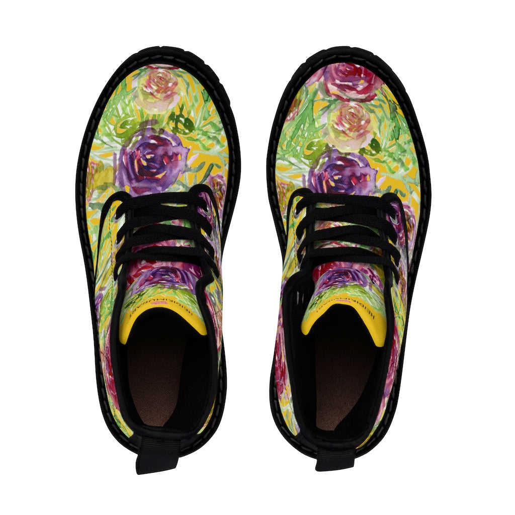 Yellow Rose Floral Women's Boots - Pink Purple Rose Flower Printed Combat Boots