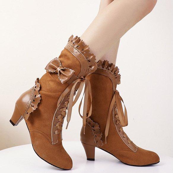 Women's Cute Bowknot Hollow Flower Lace-Up Chunky Heel Mid Calf Boots