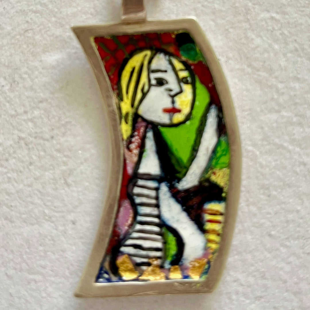 Picassos Women Enamel on Silver Pendant - Handmade Sterling Silver Jewelry