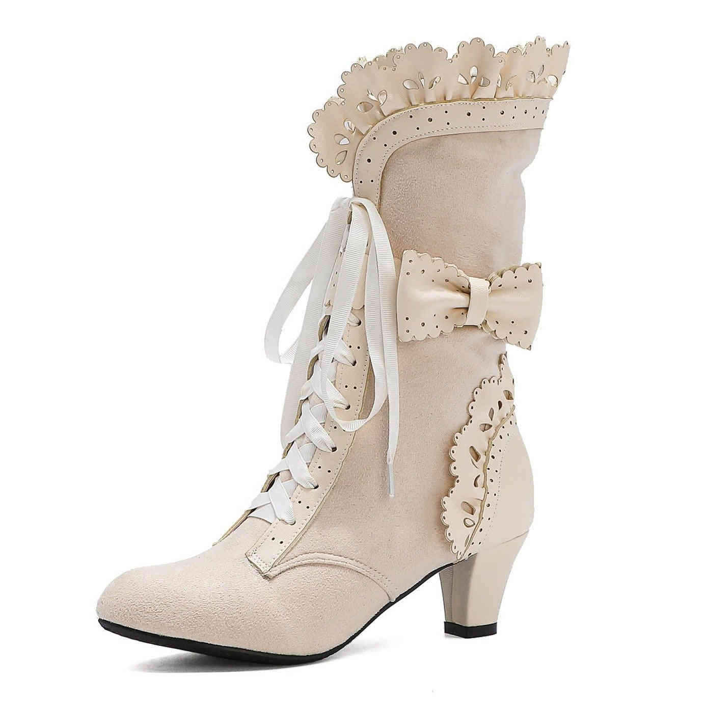 Women's Cute Bowknot Hollow Flower Lace-Up Chunky Heel Mid Calf Boots