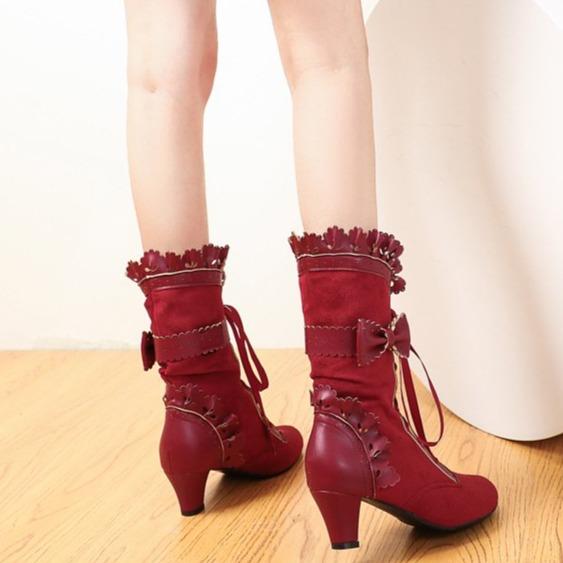 Women's Cute Bowknot Hollow Flower Lace-Up Chunky Heel Mid Calf Boots