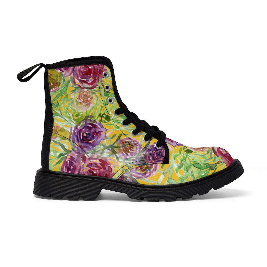 Yellow Rose Floral Women's Boots - Pink Purple Rose Flower Printed Combat Boots
