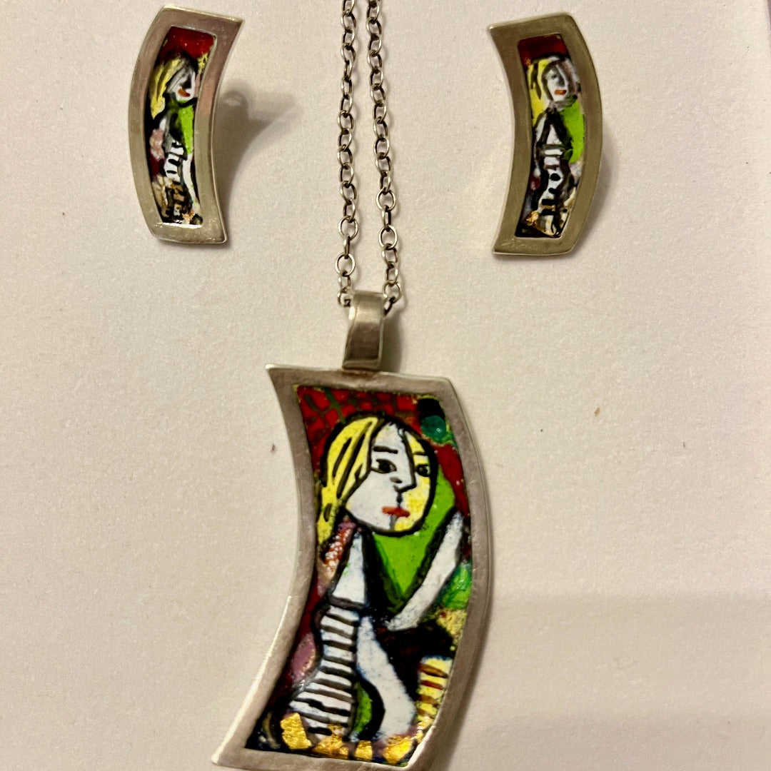 Picassos Women Enamel on Silver Pendant - Handmade Sterling Silver Jewelry