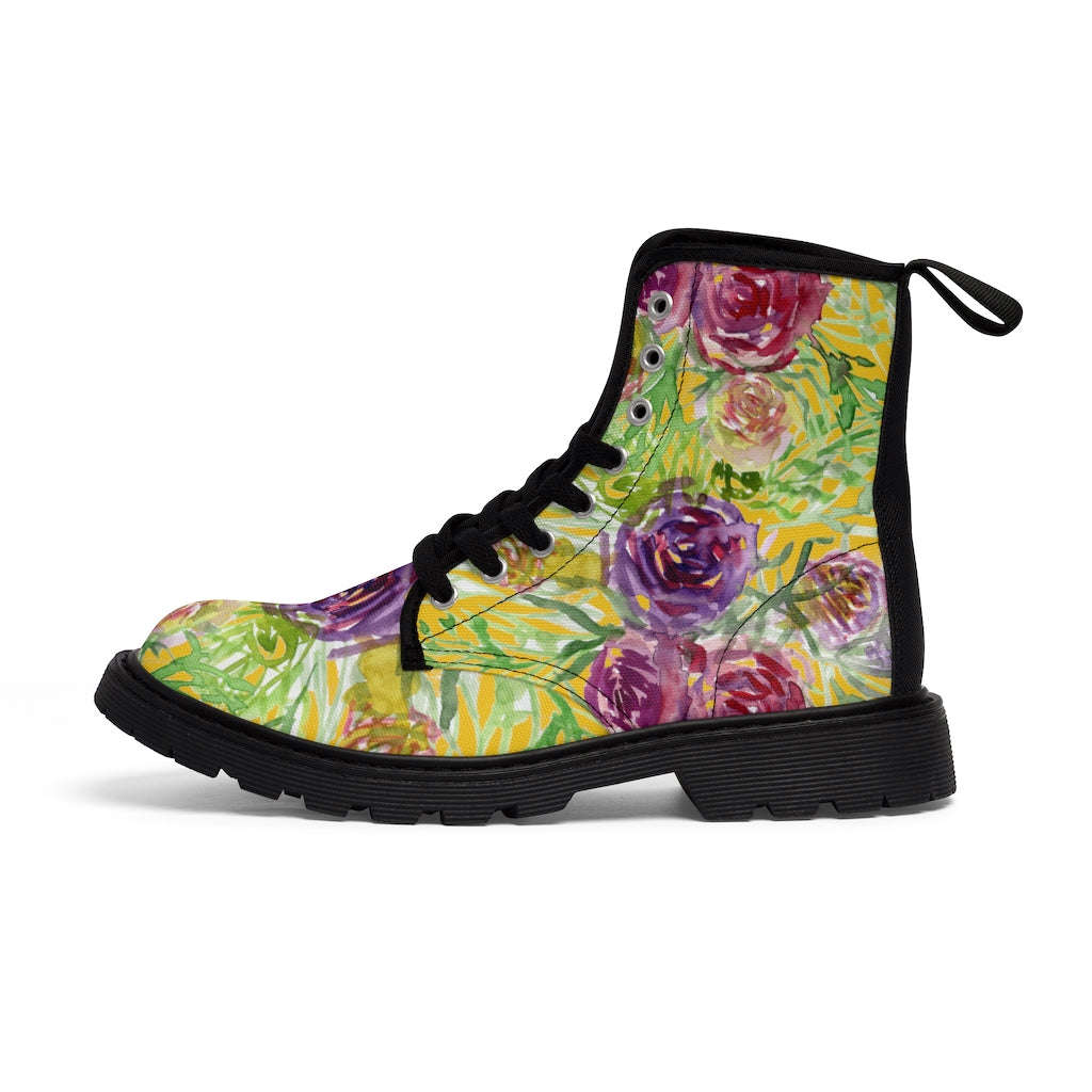 Yellow Rose Floral Women's Boots - Pink Purple Rose Flower Printed Combat Boots