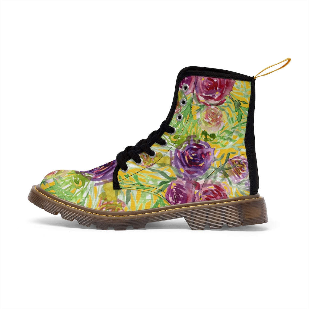 Yellow Rose Floral Women's Boots - Pink Purple Rose Flower Printed Combat Boots