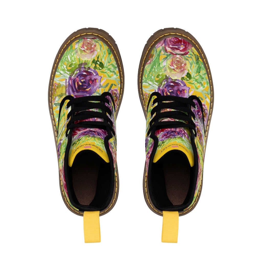 Yellow Rose Floral Women's Boots - Pink Purple Rose Flower Printed Combat Boots
