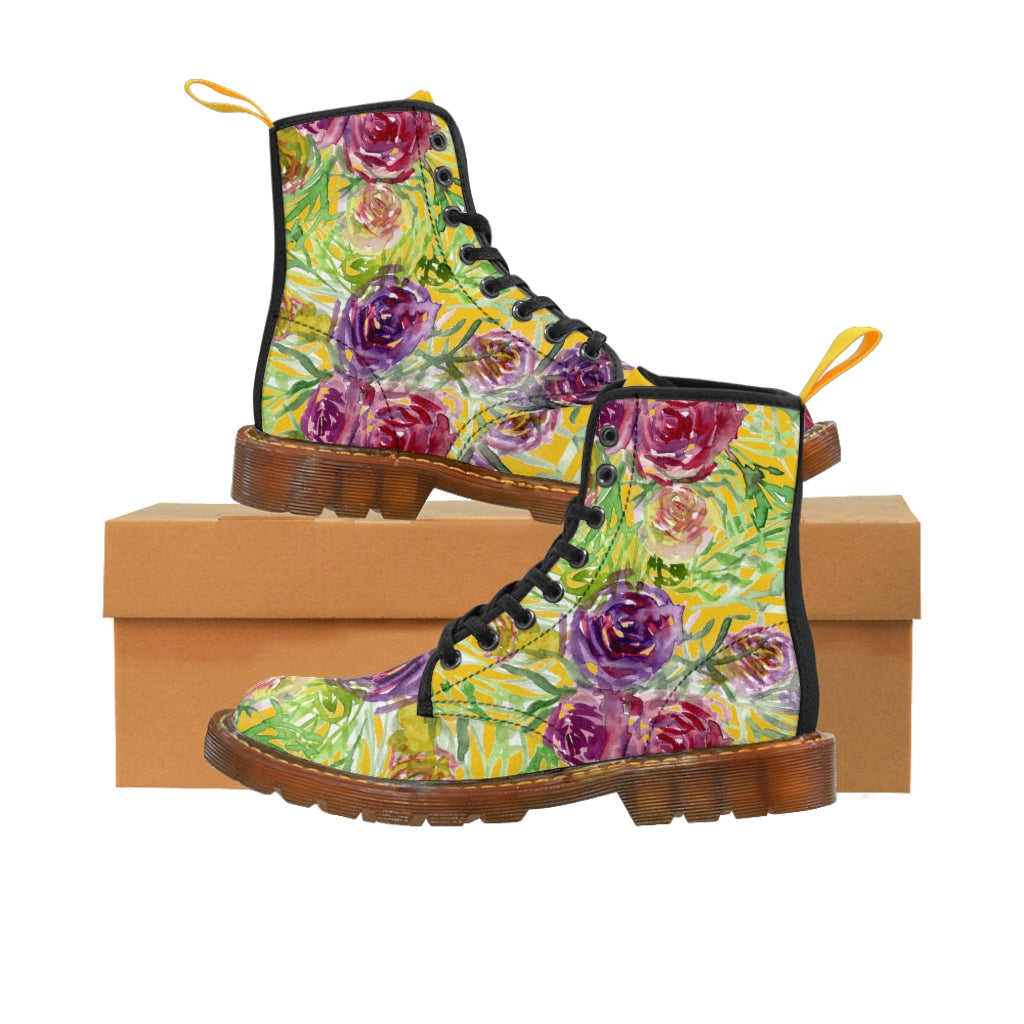 Yellow Rose Floral Women's Boots - Pink Purple Rose Flower Printed Combat Boots