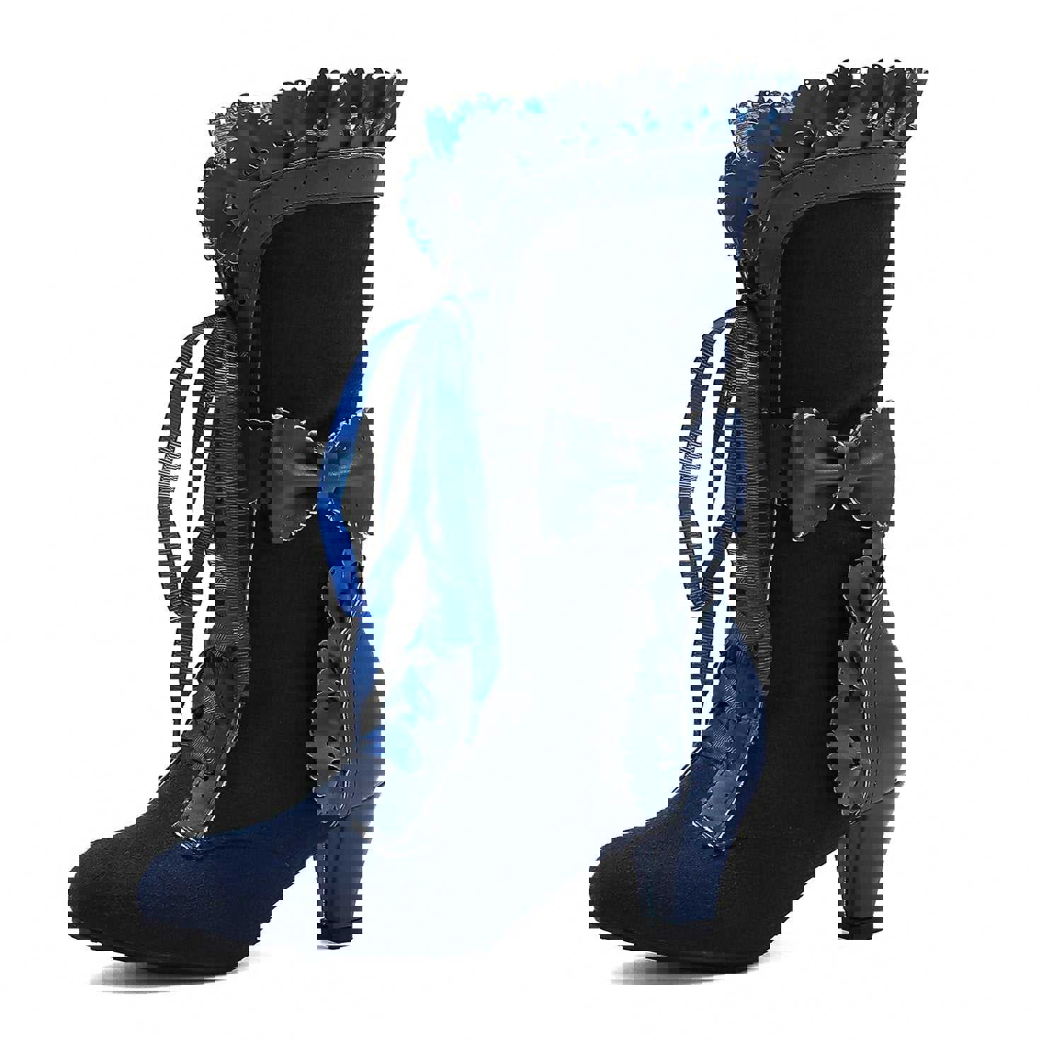 Women's Cute Bowknot Hollow Flower Lace-Up Chunky Heel Mid Calf Boots