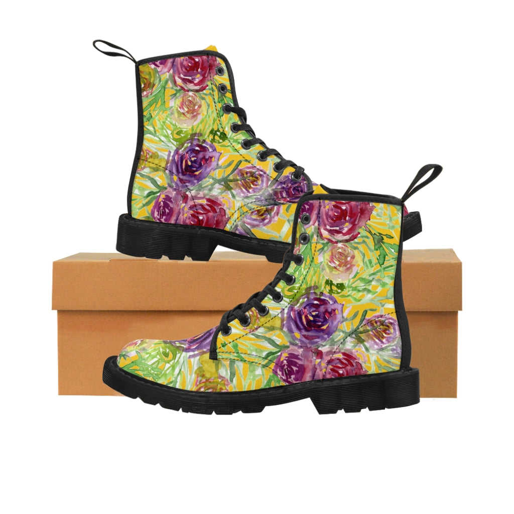 Yellow Rose Floral Women's Boots - Pink Purple Rose Flower Printed Combat Boots