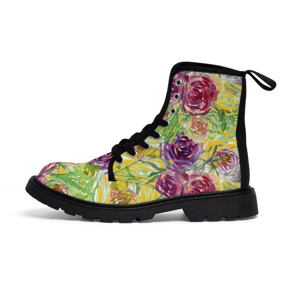 Yellow Rose Floral Women's Boots - Pink Purple Rose Flower Printed Combat Boots