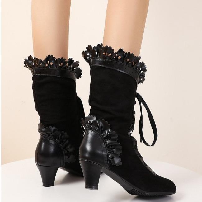 Women's Cute Bowknot Hollow Flower Lace-Up Chunky Heel Mid Calf Boots