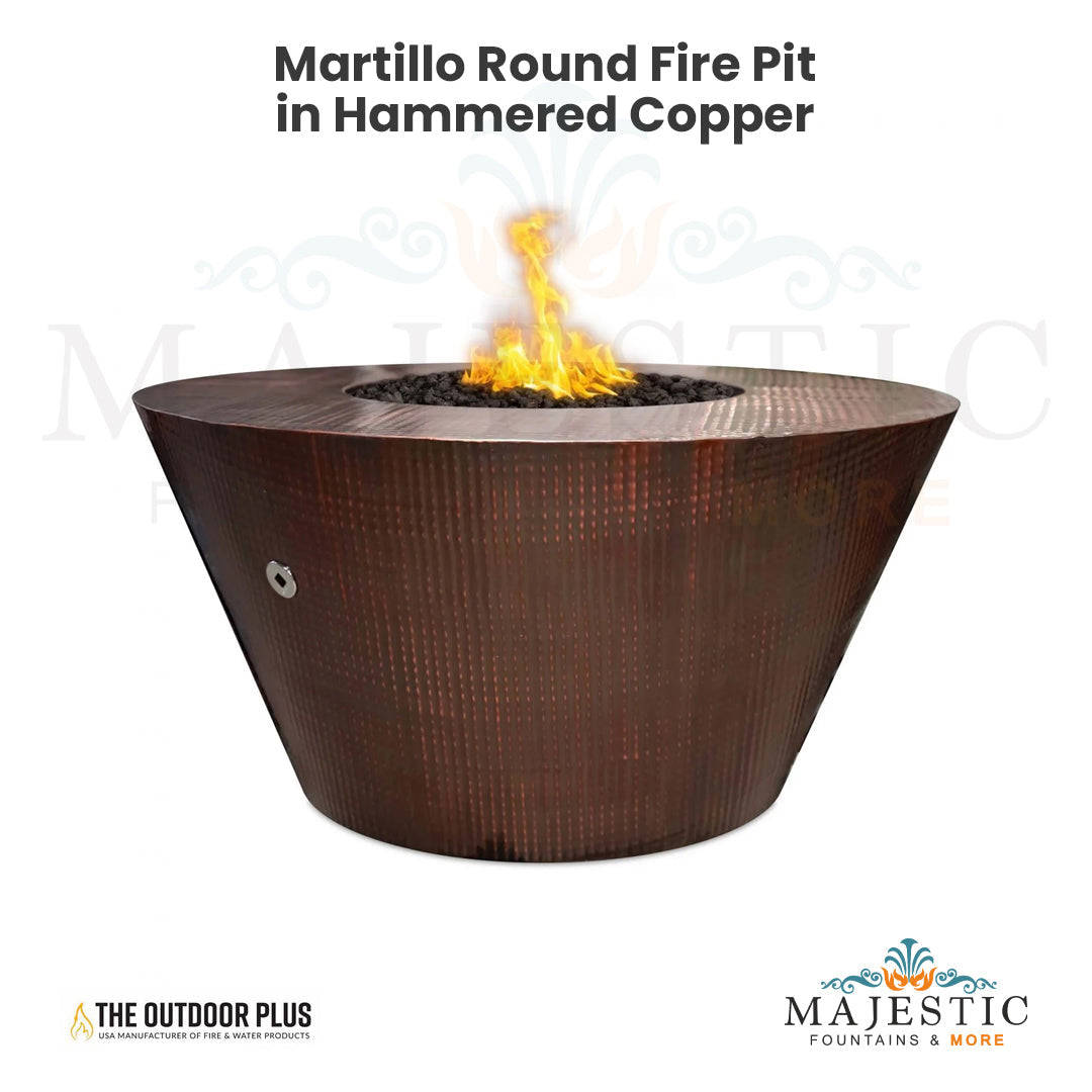 The Outdoor Plus Martillo Round Fire Pit in Hammered Copper with Free Cover