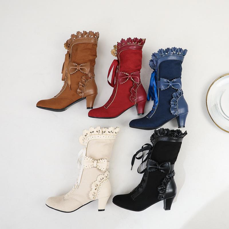Women's Cute Bowknot Hollow Flower Lace-Up Chunky Heel Mid Calf Boots