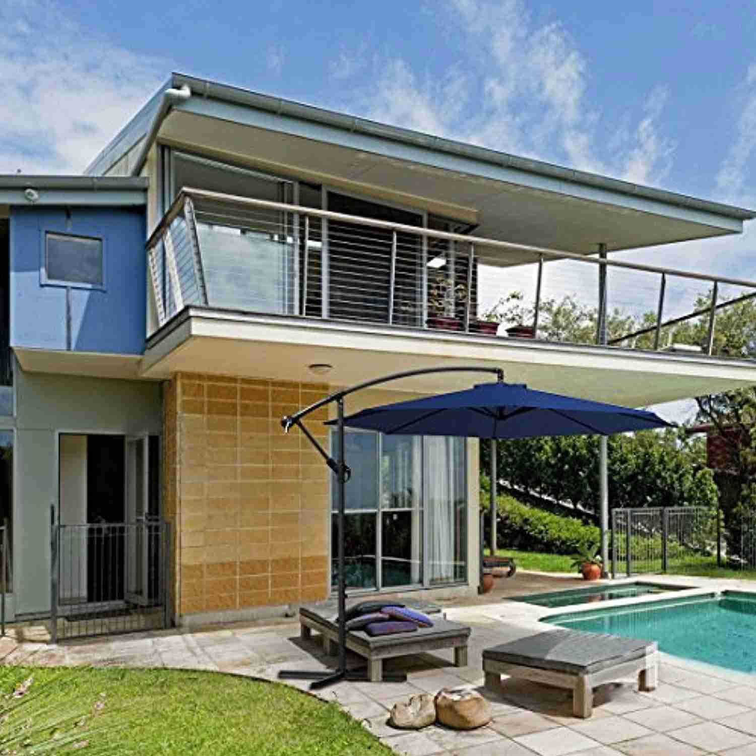 10 ft Offset Cantilever Patio Umbrella with Crank and Cross Base - Navy Blue