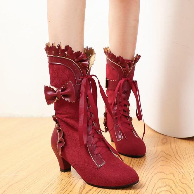 Women's Cute Bowknot Hollow Flower Lace-Up Chunky Heel Mid Calf Boots