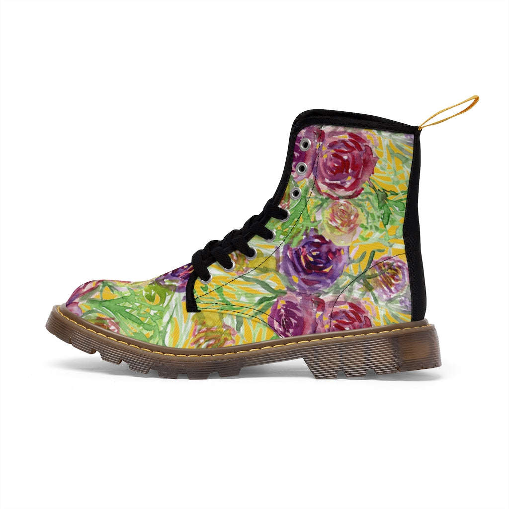 Yellow Rose Floral Women's Boots - Pink Purple Rose Flower Printed Combat Boots