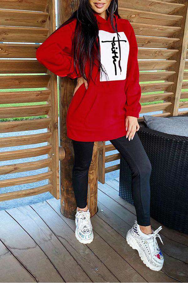 Faith Letters Print Loose Casual Long Sleeve Hoodie
