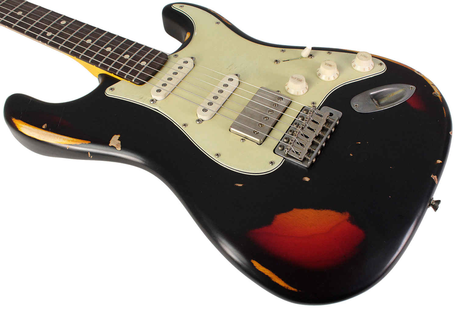 Nash S-63 Guitar, HSS, Black over 3 Tone Sunburst, Heavy Aging