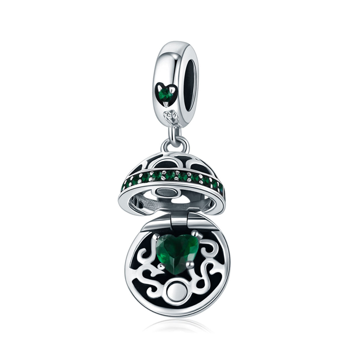Sterling 925 Silver Hollow Round Box Green Pendant for Pandora & European Charm Bracelets