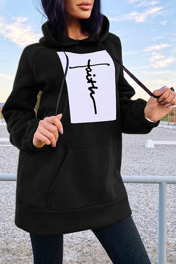 Faith Letters Print Loose Casual Long Sleeve Hoodie